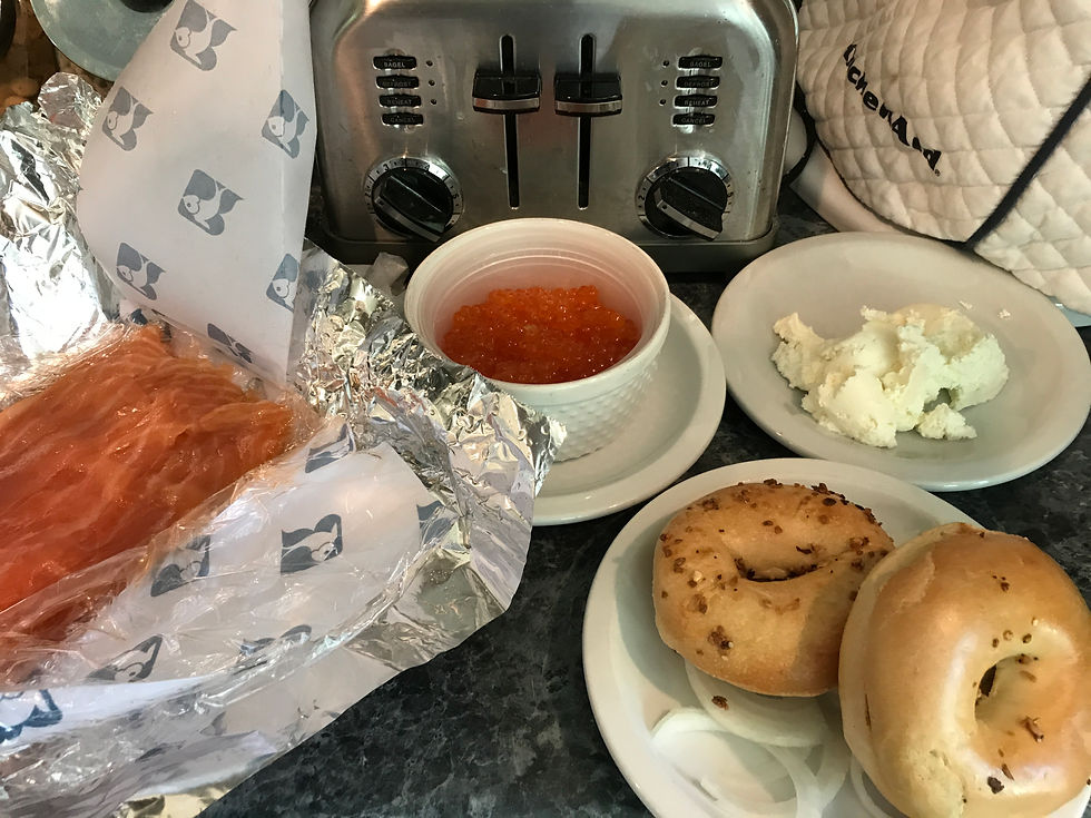 Lox, cream cheese, bagels, and roe