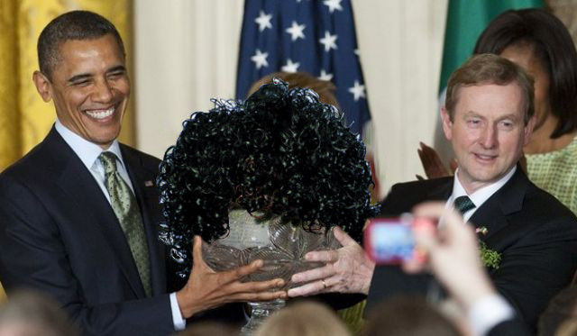 ENDA KENNY PRESENTS BOWL OF MARTIN HAYES'S HAIR TO BARACK OBAMA
