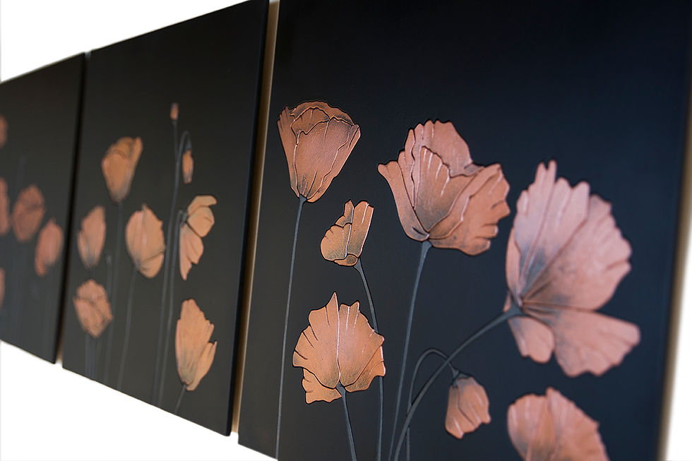 Miniature : Triptyque Coquelicots - fond noir et coquelicots cuivre