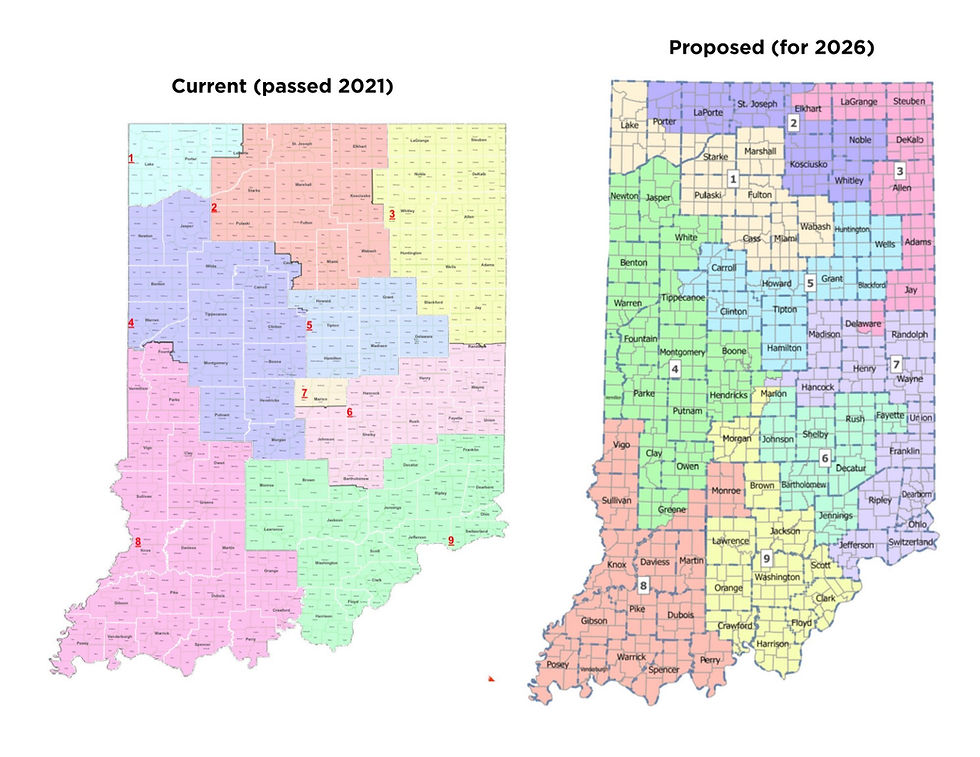 Map of Indiana districts current and proposed for 2026, which was defeated