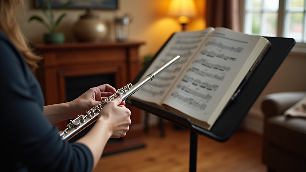 Eye-level view of a flute resting on a music stand in a cozy room