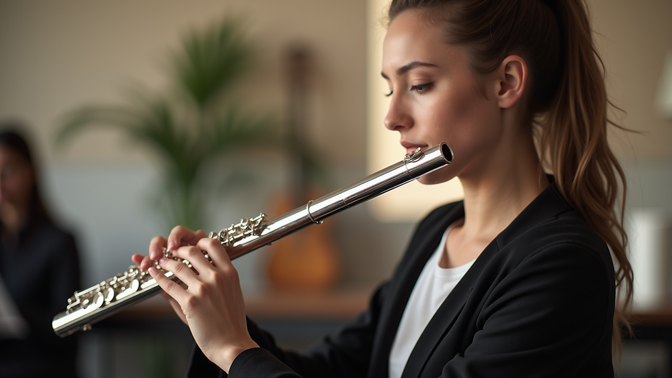Close-up view of a flute player practicing in a bright studio