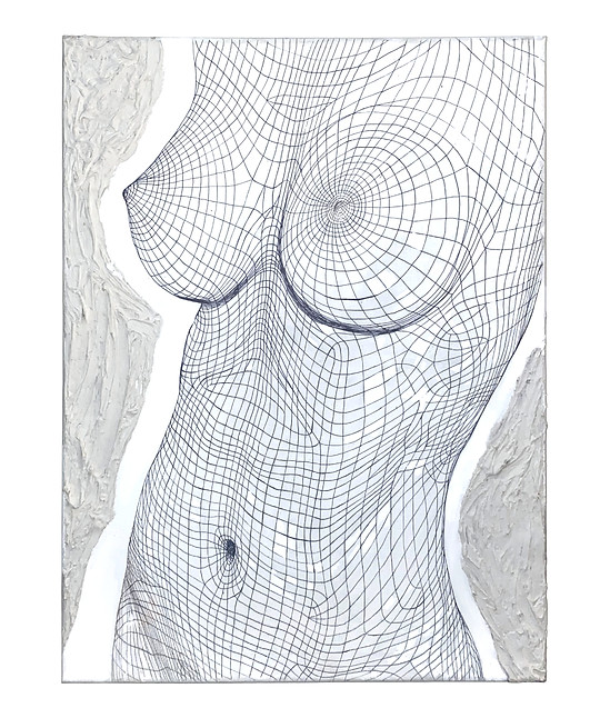 Wireframe-style nude torso drawing with curved grid lines mapping the body on a white background.