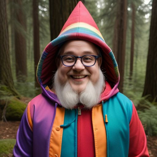 Smiling person in rainbow robe and hat
