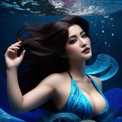 Woman with long dark hair underwater in blue bikini