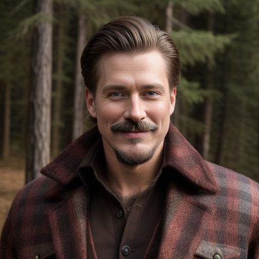 Man with mustache, smiling, in woods