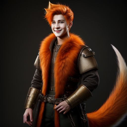 Smiling fox character cosplay, orange fur, theatrical costume