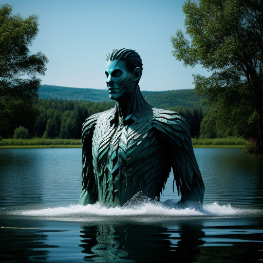 Bronze statue emerges from lake, serene expression