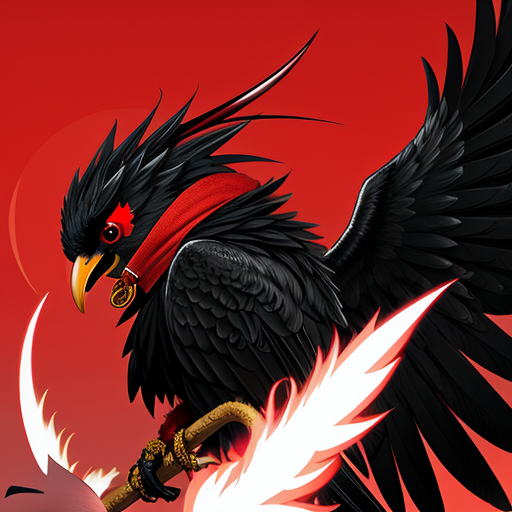 Fierce black bird, red scarf, fiery weapon