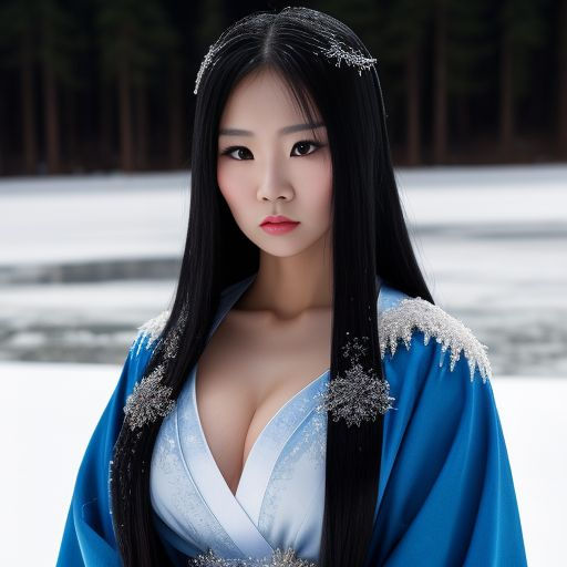Woman with long black hair in blue winter dress