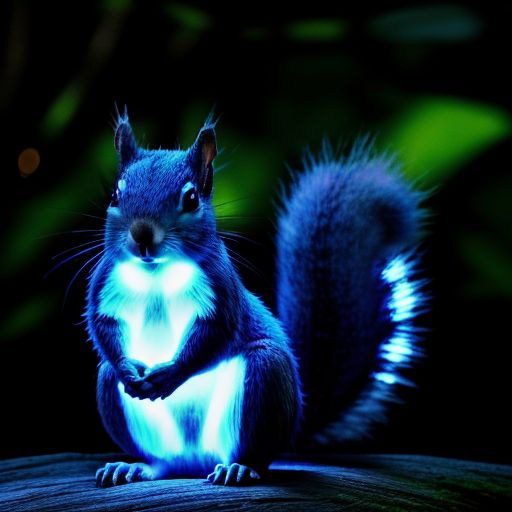 Glowing blue squirrel at night