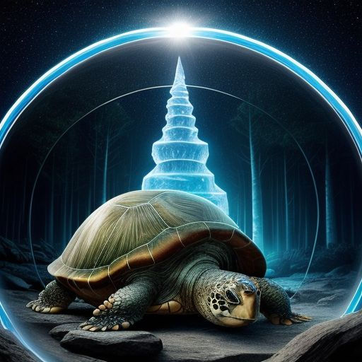 Turtle carrying glowing spire, encircled by light