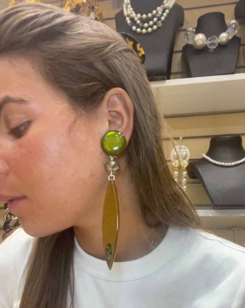 Miniature : Francine Bramli boucles d’oreilles clip plume verte et cristal rond