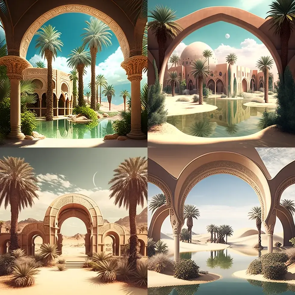 giant arches in desert oasis