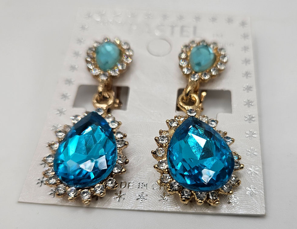 Thumbnail: Aqua Marine & Blue Rhinestoned Teardrop Clip-On Earrings