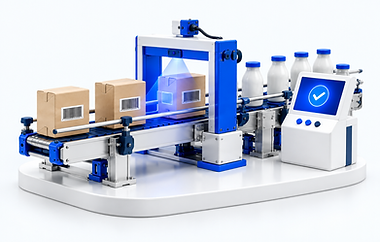 Food production line with bottles, packaging and an inspection station, illustrating SAP QM.
