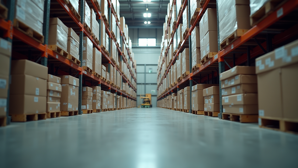 Eye-level view of industrial warehouse with EcoFour products stacked