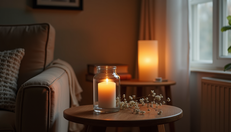 Eye-level view of a cozy living room corner with a lit candle and a comfy armchair