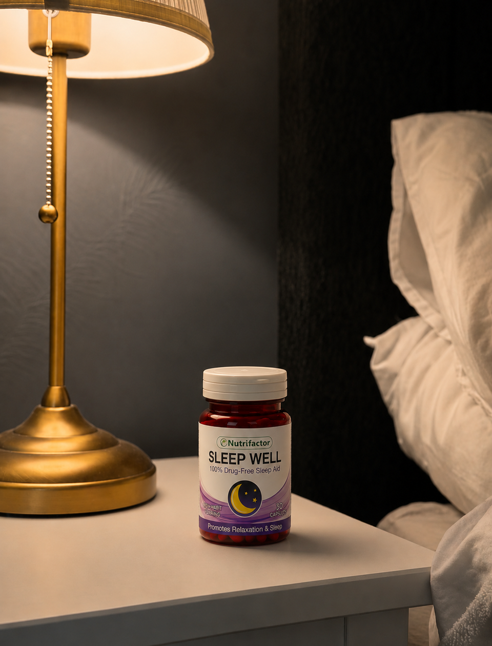 image of sleep supplement next to a bed 