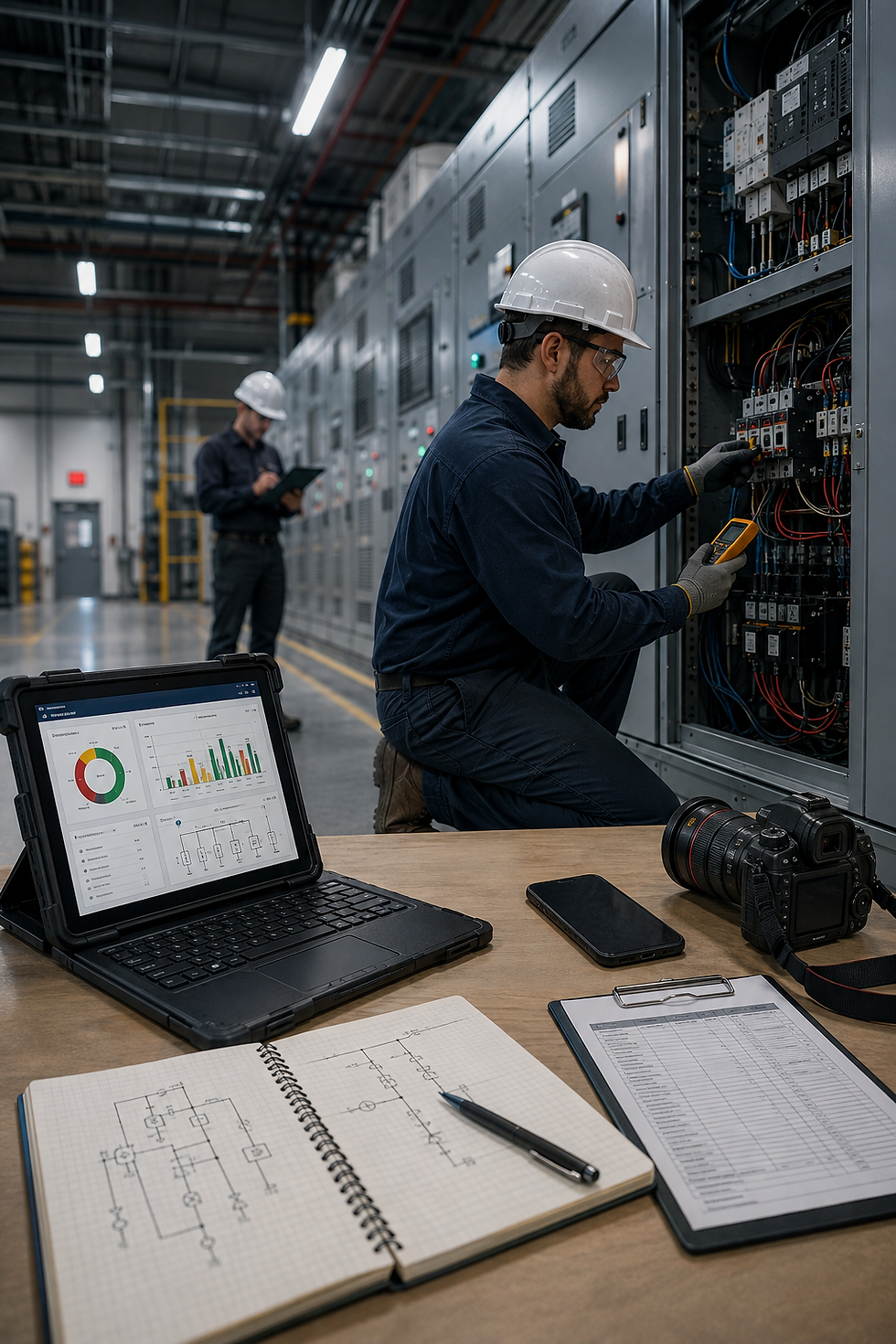 Electrical technician inspecting electrical equipment during a facility shutdown while maintenance and asset data is digitally documented.