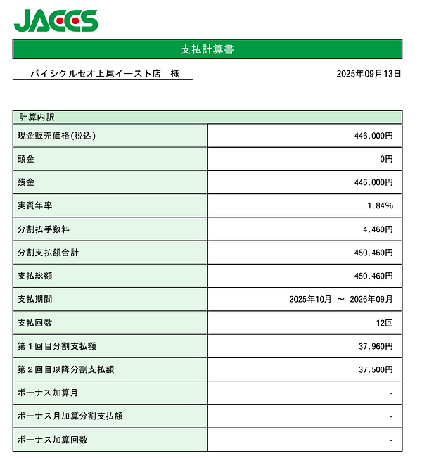 JACCS12回払い例