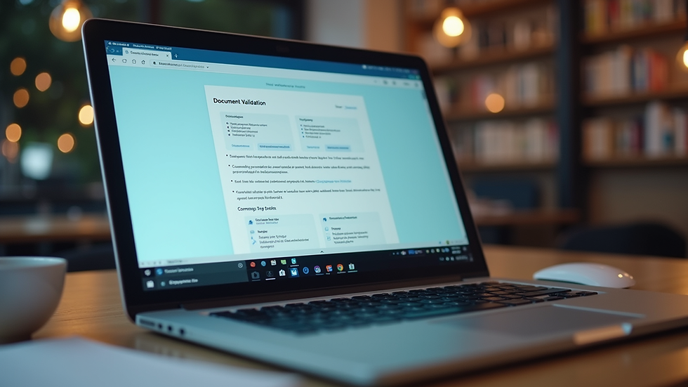 Eye-level view of a laptop displaying a document validation interface