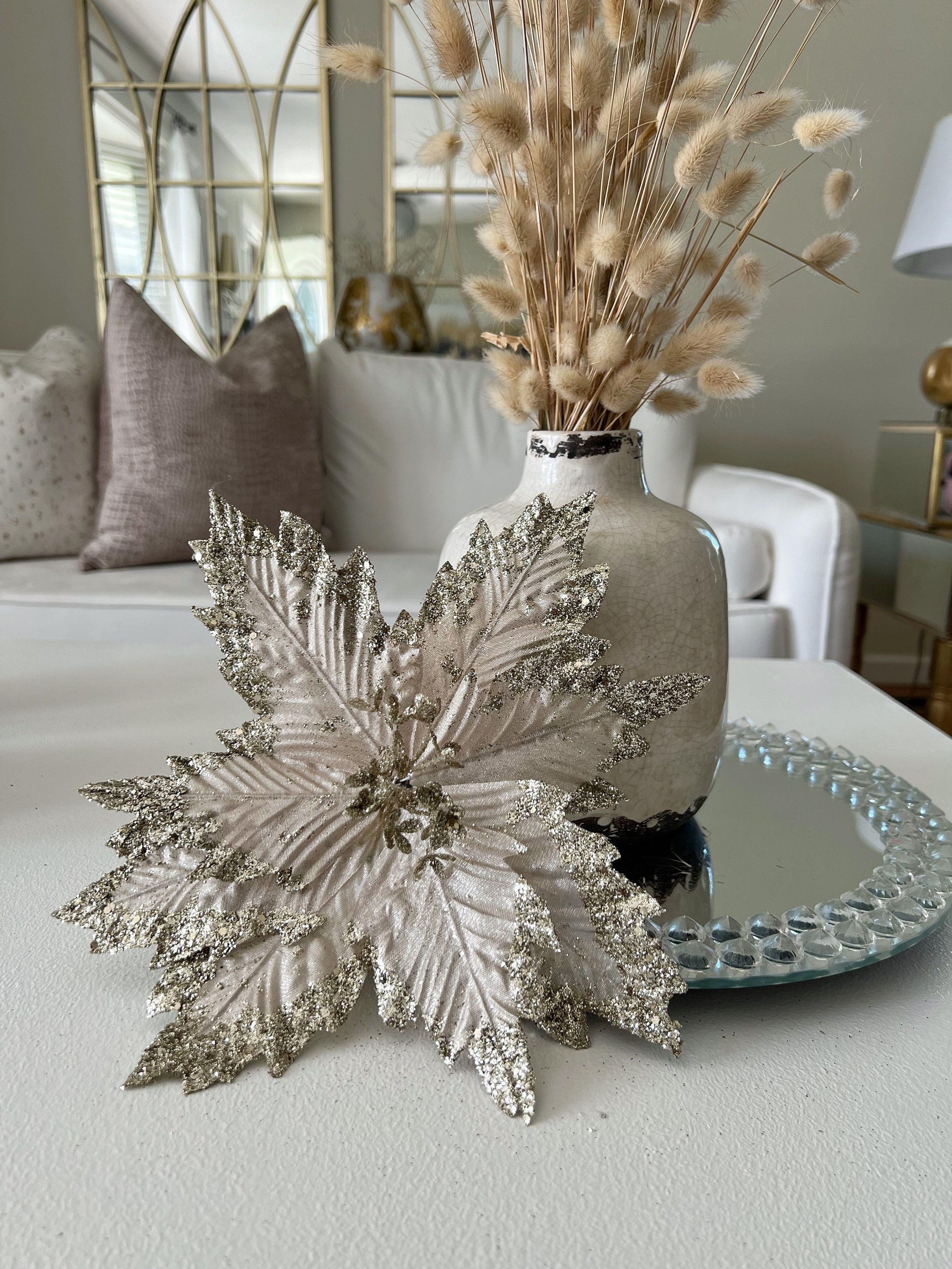 Champagne Glitter Poinsettia Pick w/stem 