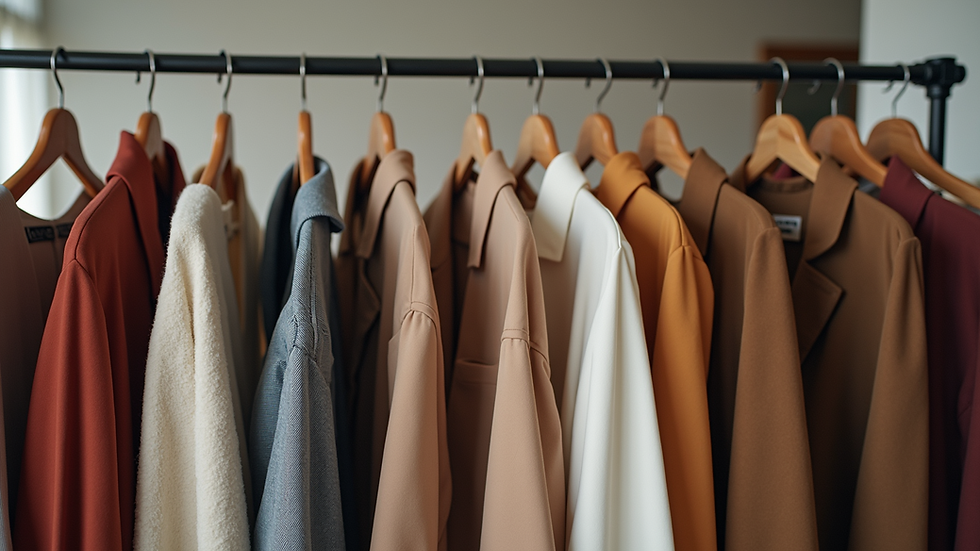 Eye-level view of a clothing rack showcasing a variety of trendy outfits