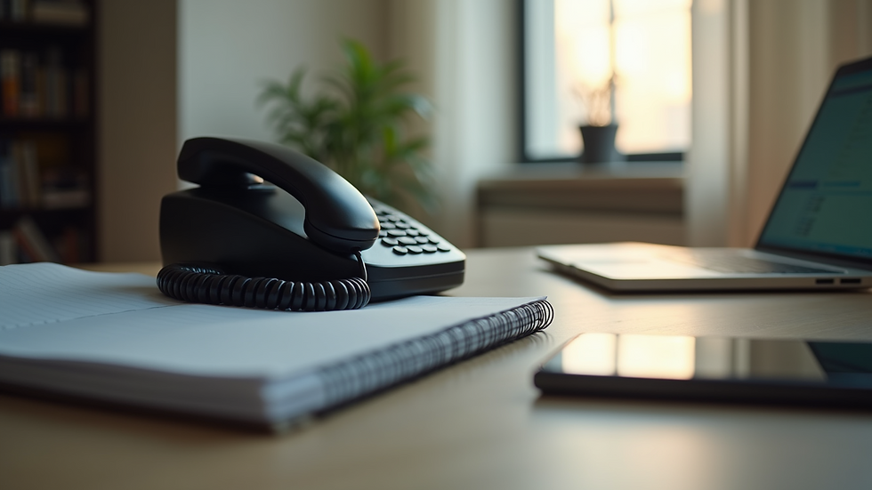 Close-up view of a phone handset on a desk next to a notebook