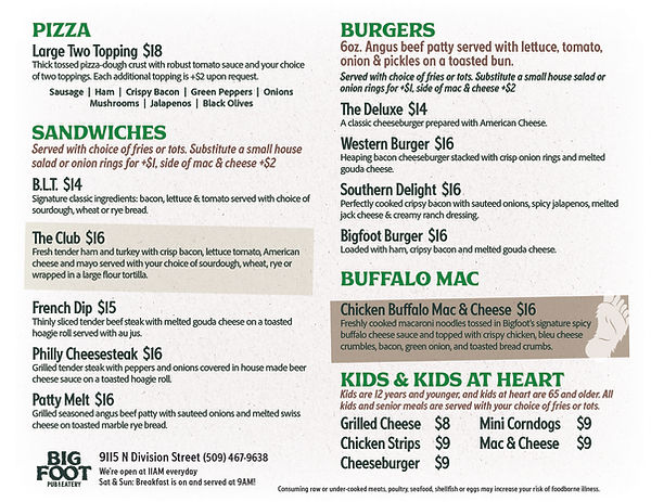 Bigfoot North Spokane best bar food menu back