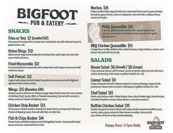 Bigfoot North Spokane best bar food menu front