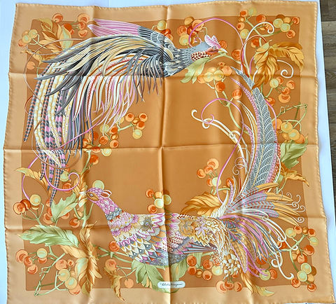 Vintage Salvatore Ferragamo 100% Silk Orange Birds and Fruits
