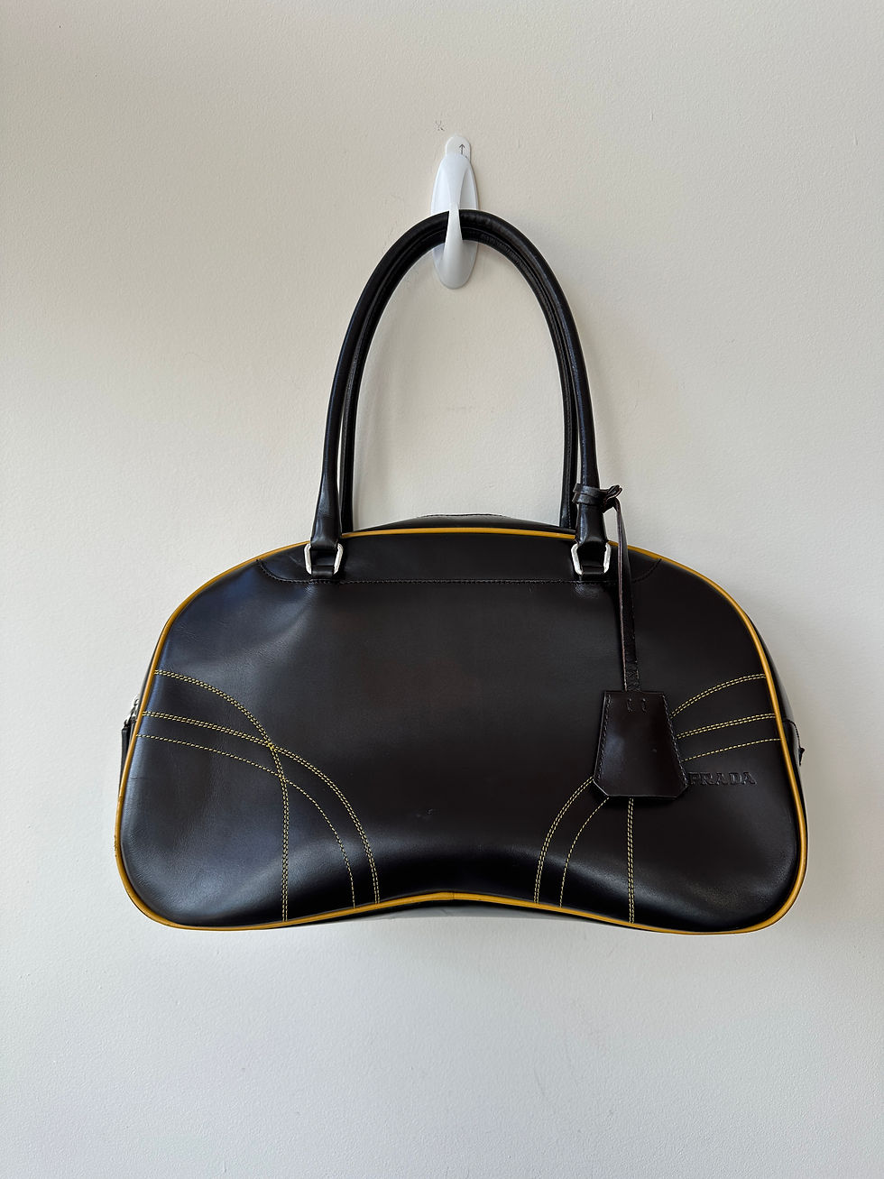 Prada Brown Leather Lock & Key Bowling Handbag 1