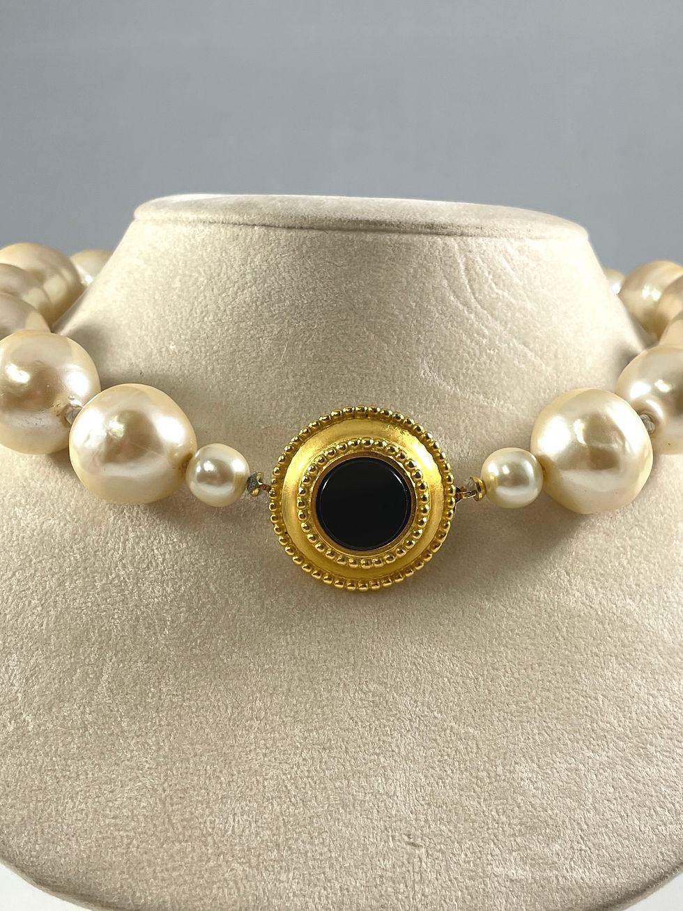 Thumbnail: Vintage Karl Lagerfeld Large Glass Pearl Collar Necklace with Black Gold Clasp