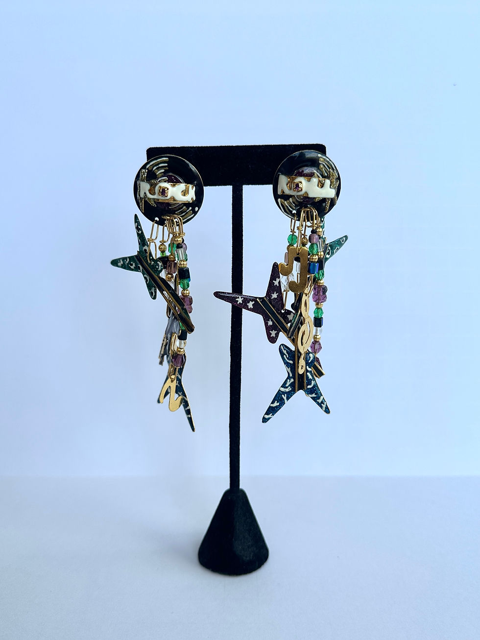 Vintage Lunch at the Ritz 89' Enamel "Rock & Roll" Dangle Statement Earrings 1