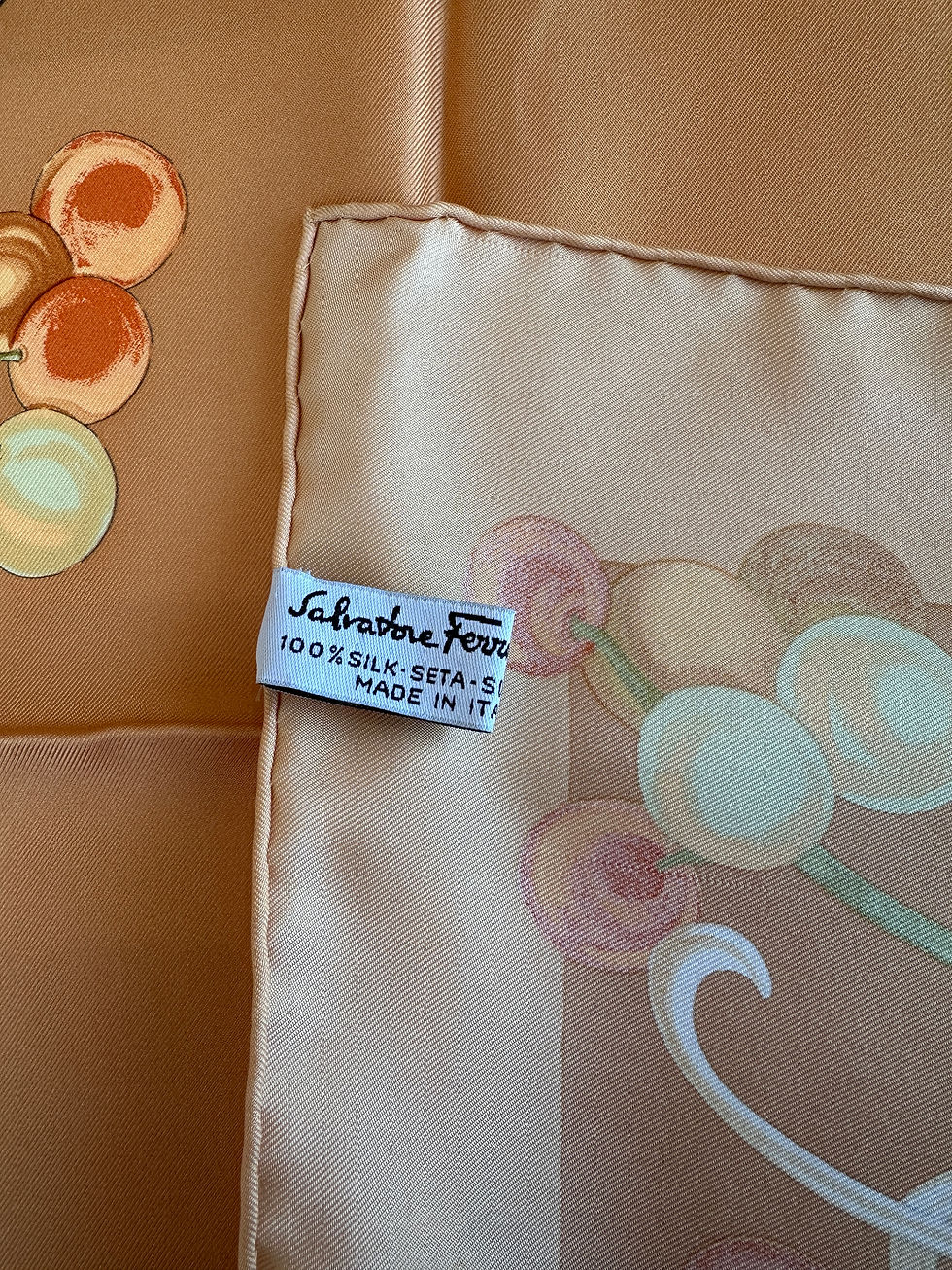 Thumbnail: Vintage Salvatore Ferragamo 100% Silk Orange Birds and Fruits Scarf 4