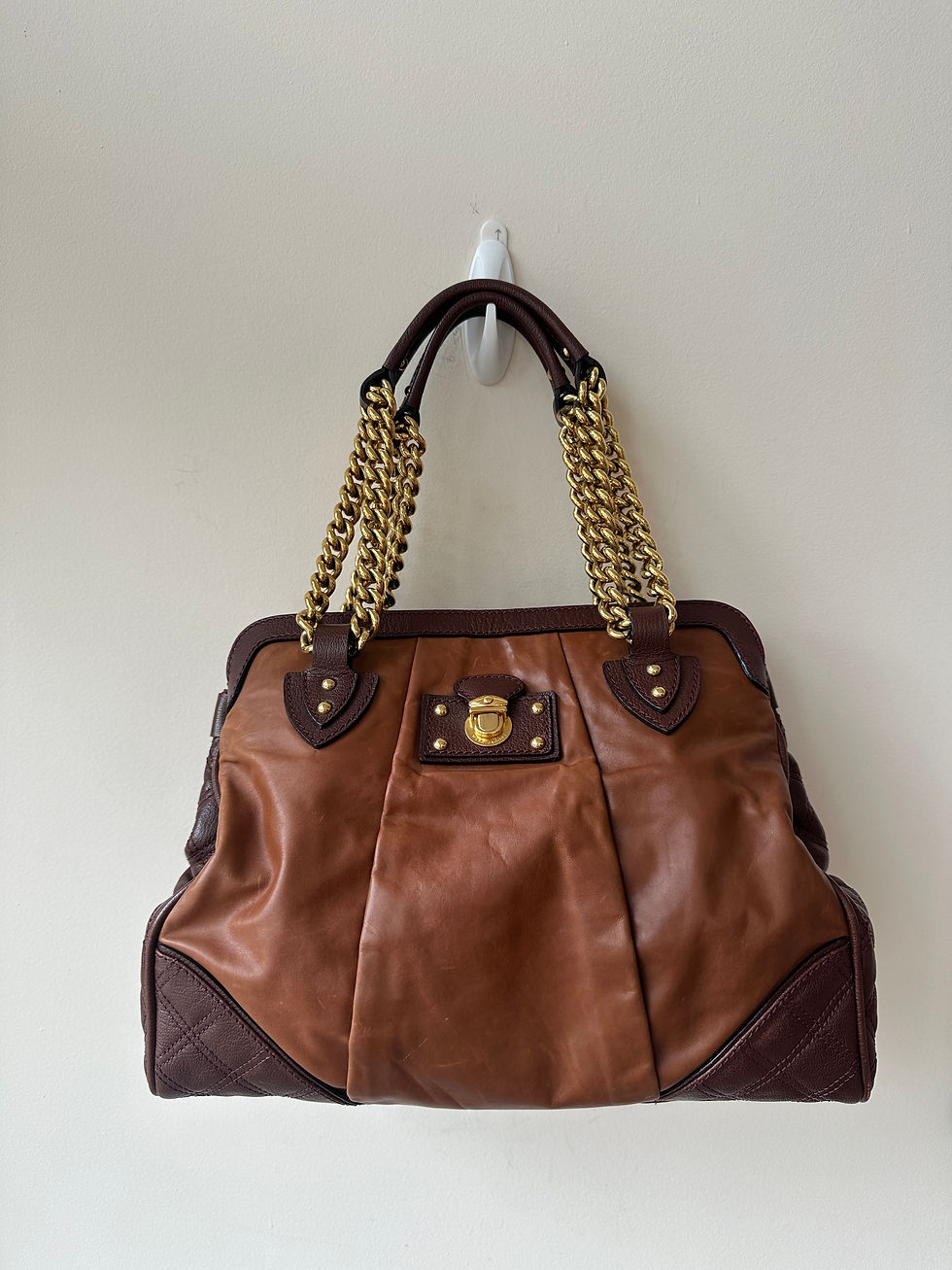 Marc Jacobs Cognac Leather Mix Quilted Two Tone Leather Bowling Bag 1