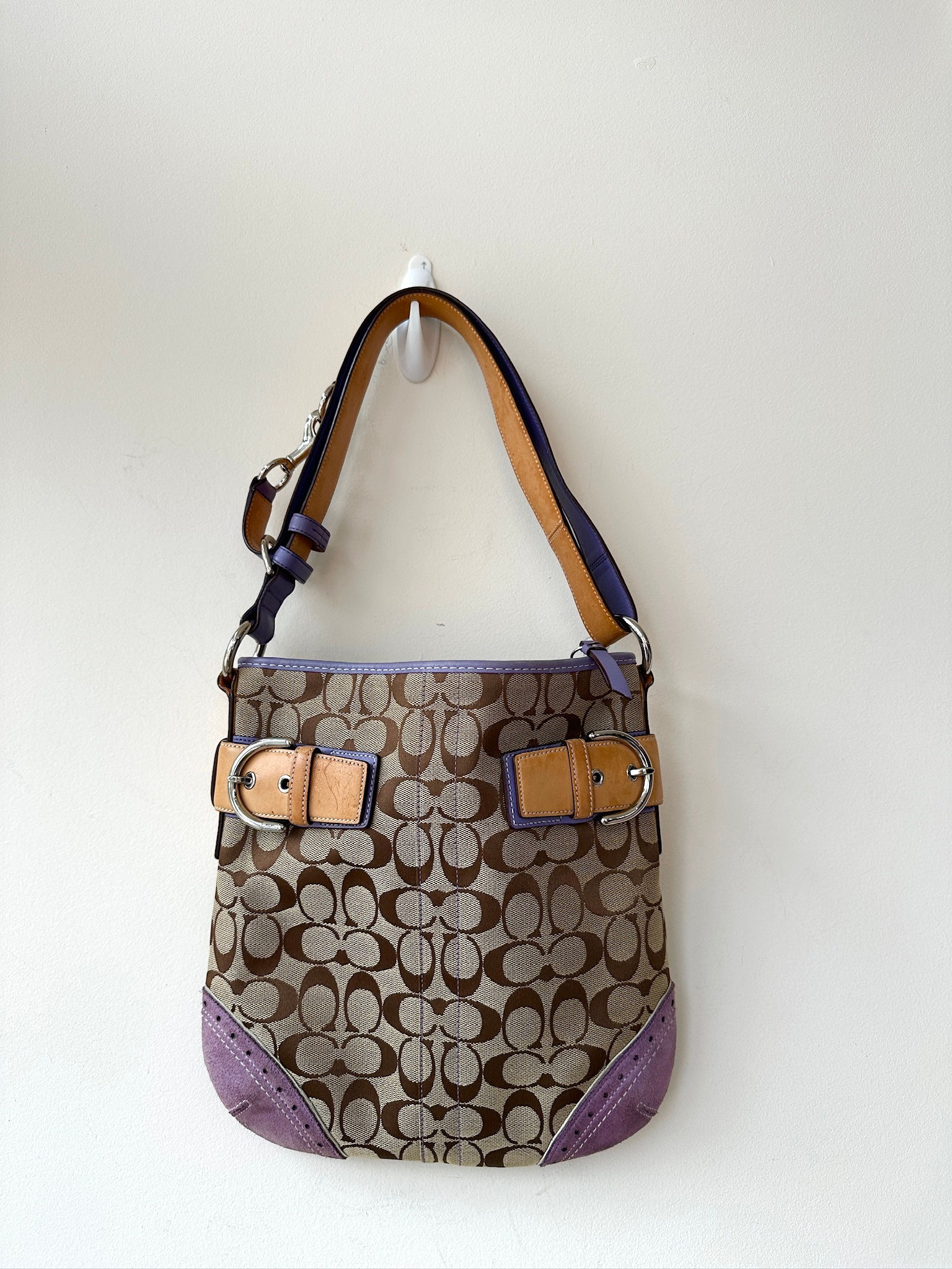  Coach Signature Khaki with Purple Suede trim and Leather Accent