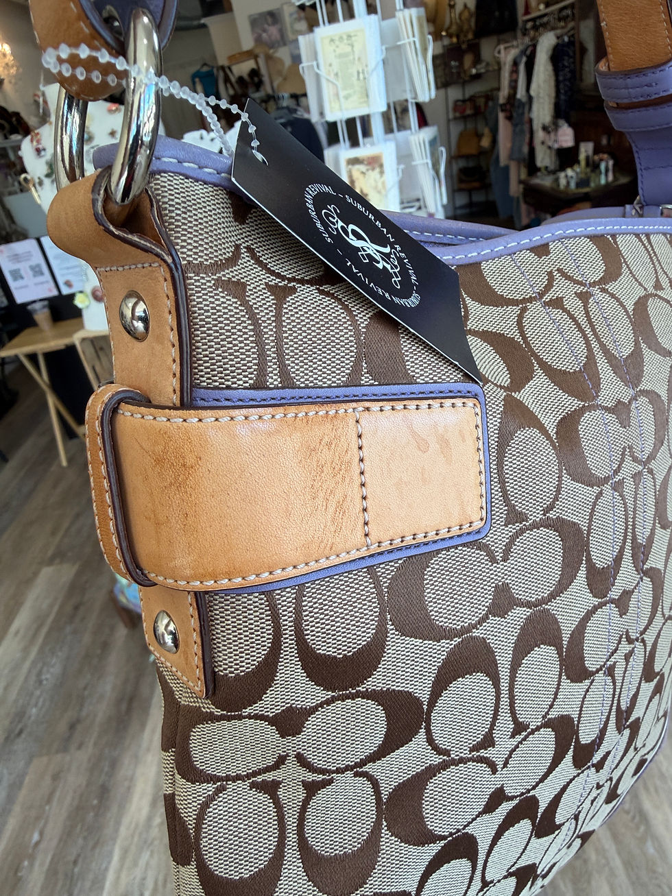 Thumbnail:  Coach Signature Khaki with Purple Suede trim and Leather Accent