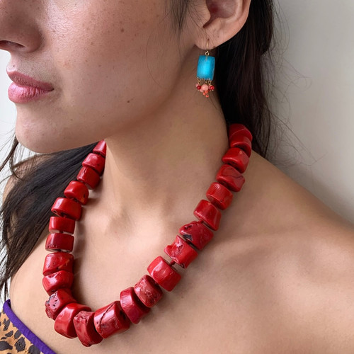 Red Coral Chunky Barrel Beads Necklace Suburban Revival