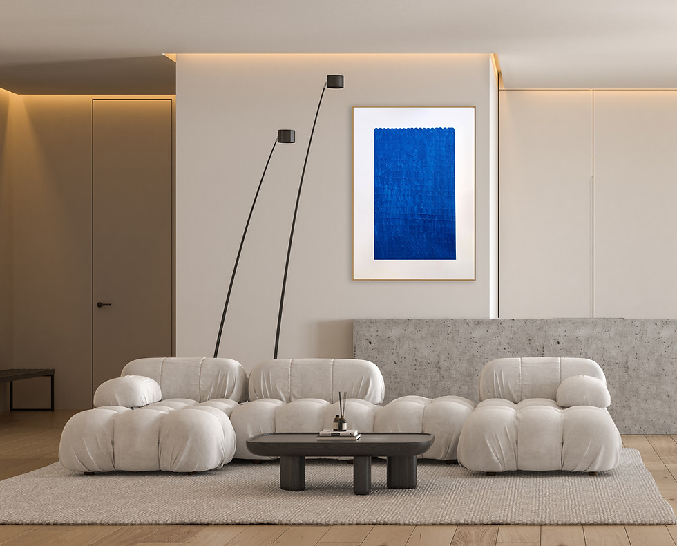 Modern yaşam alanında sergilenen Ocean el yapımı dokulu duvar tablosu.