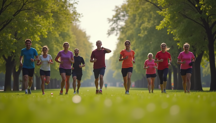 Eye-level view of a group of runners chatting and stretching in a park before a run