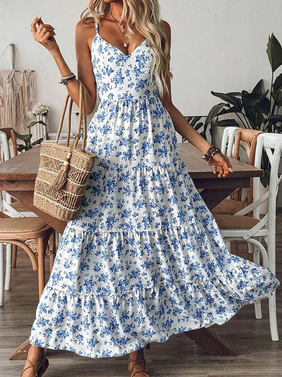 Miniatura: Vestido feminino com decote em V, estampa floral 