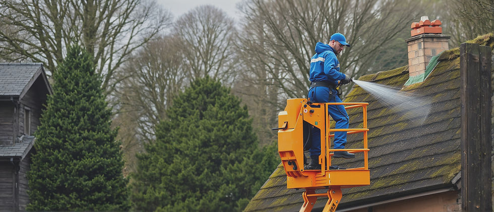 A MAN IN A BLUE CLEANING UNIFORM SAFETY ATTIRE STANDING ON A VEHICLE ARTICULATING BOOM LIF