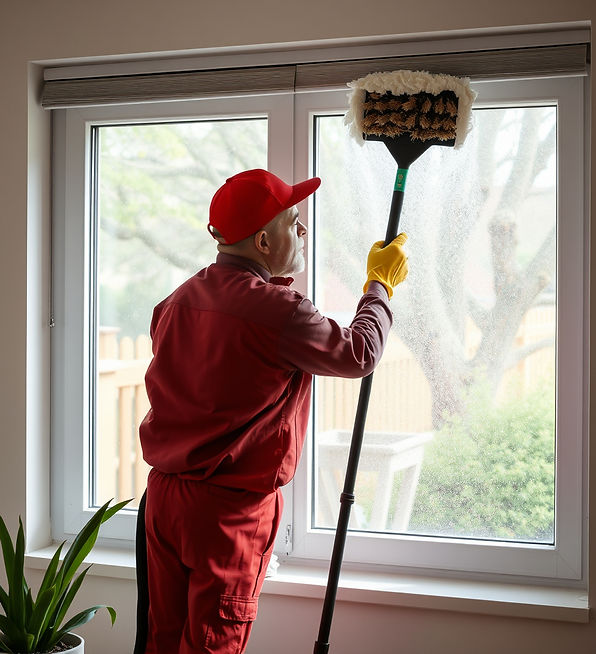 a man in profesional cleaning attire cleaning the window from inside the house .jpg
