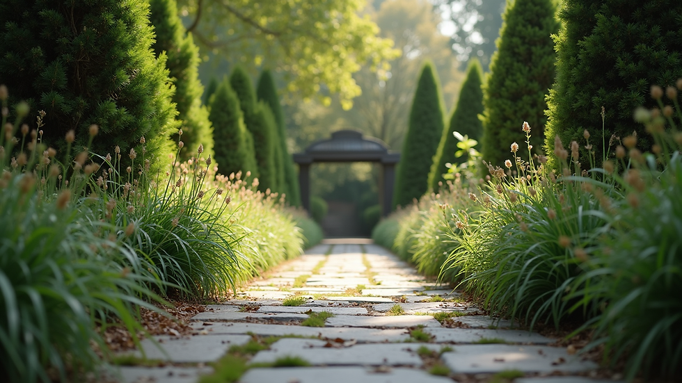Eye-level view of a peaceful stone pathway leading to a quiet garden