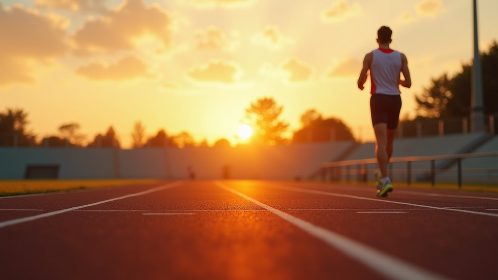 Eye-level view of a single athlete running on a track during sunset