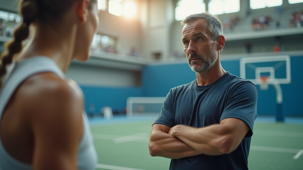 Eye-level view of a sports coach discussing strategy with an athlete