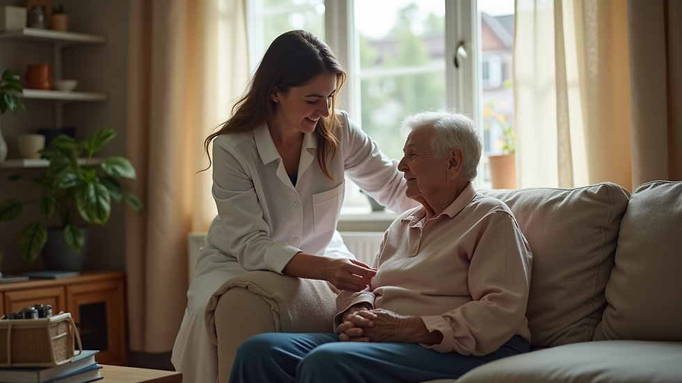 Eye-level view of a cozy living room with a caregiver assisting an elderly person