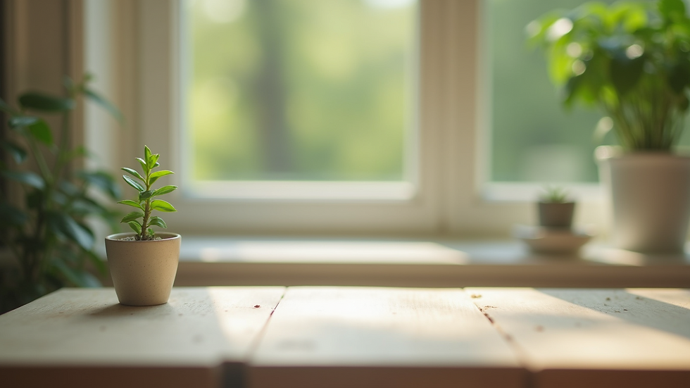 Close-up view of a minimalist desk with a small green plant and soft natural light